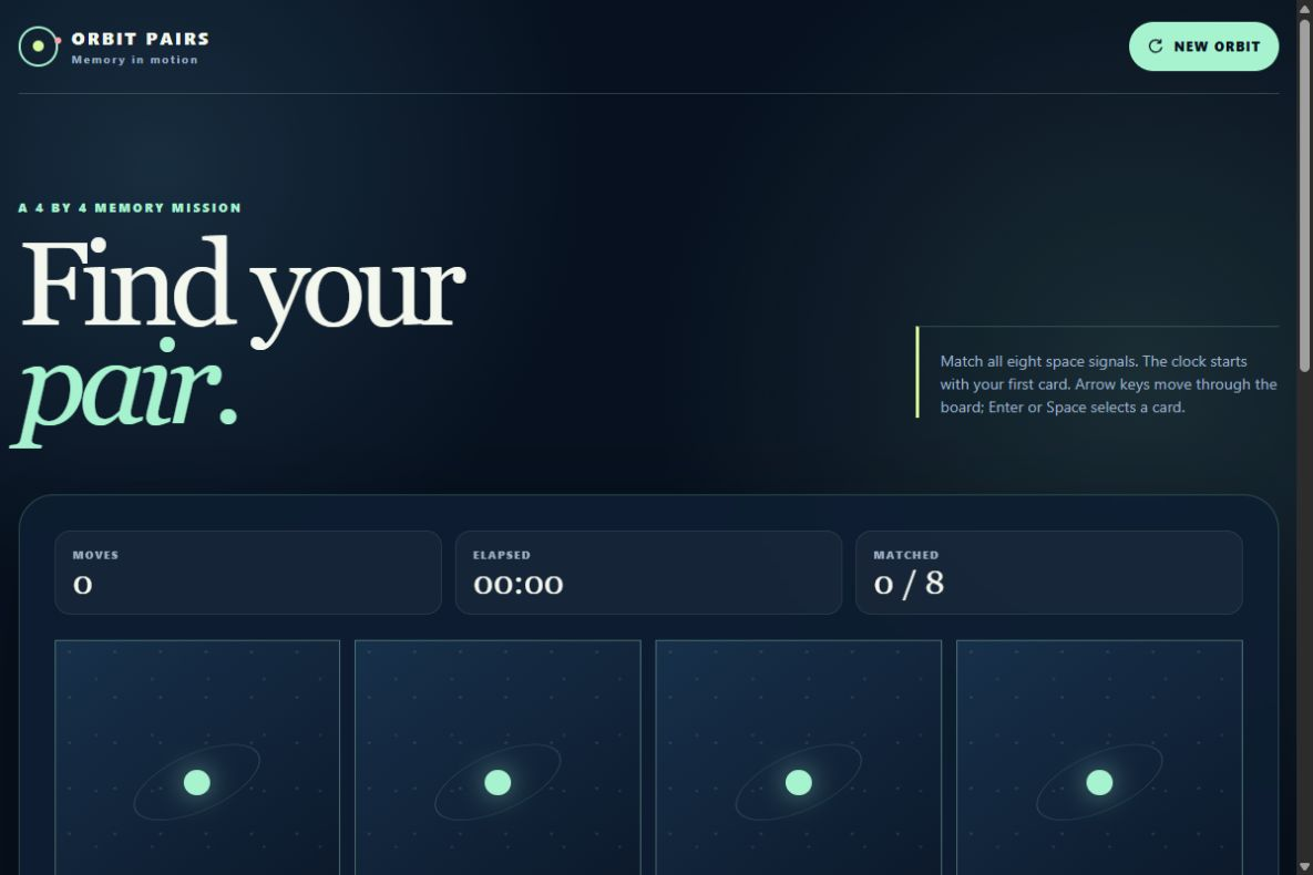 Actual output: ORBIT PAIRS: a playable memory game