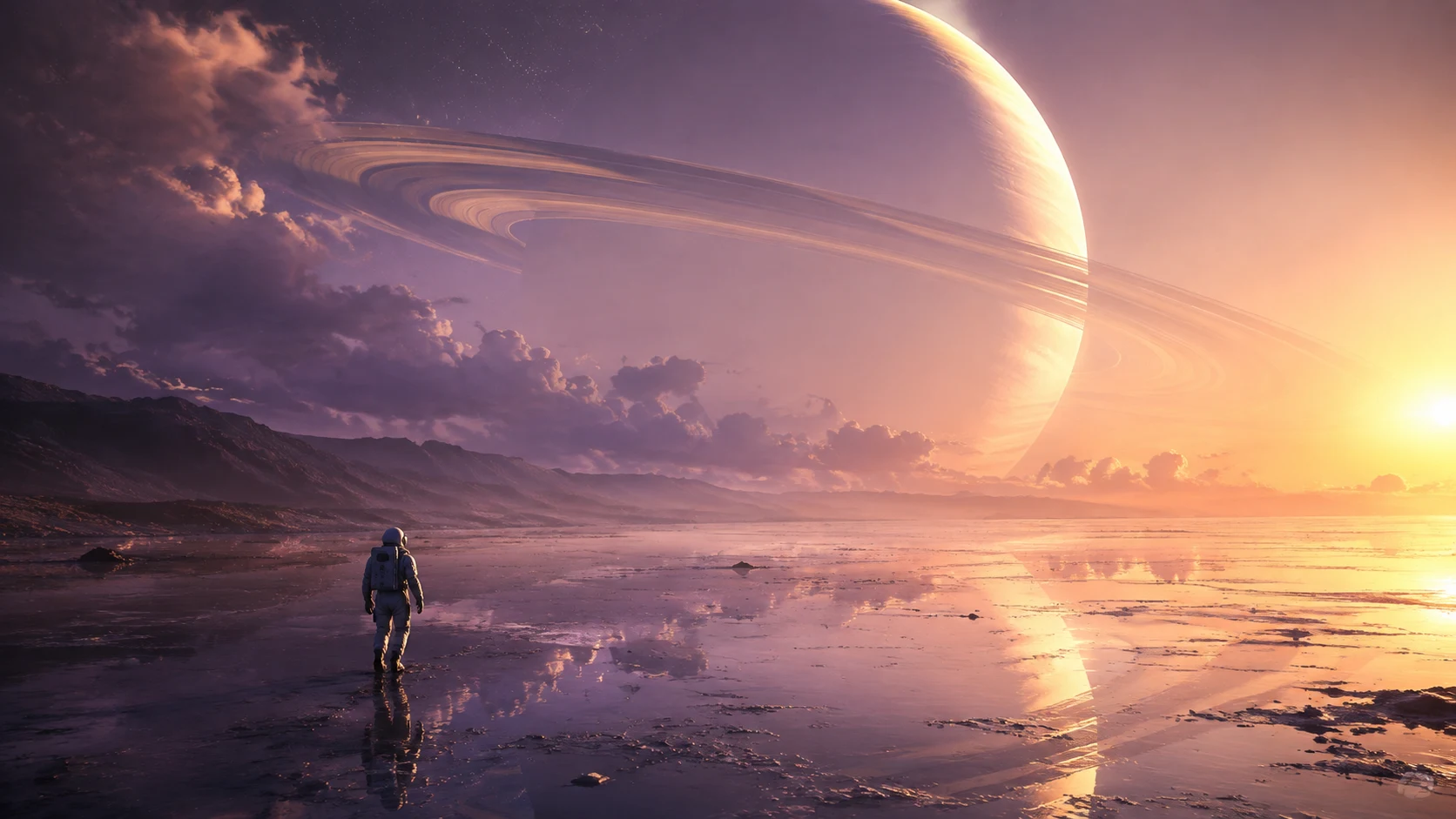 Illustrative concept of an astronaut on an alien coast