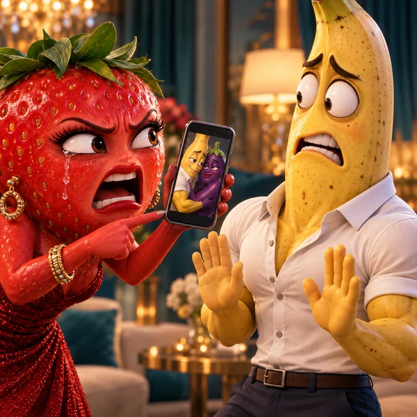 Fruit drama visual-direction illustration — not a complete video sample
